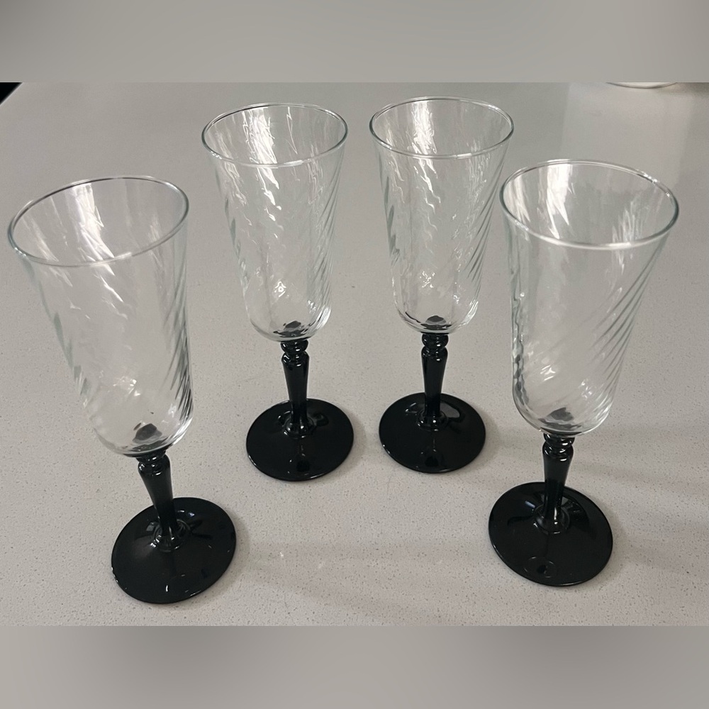 Vintage Luminarc France‎ Optic Swirl Black Stem Wine Champagne Glasses Set Of 4